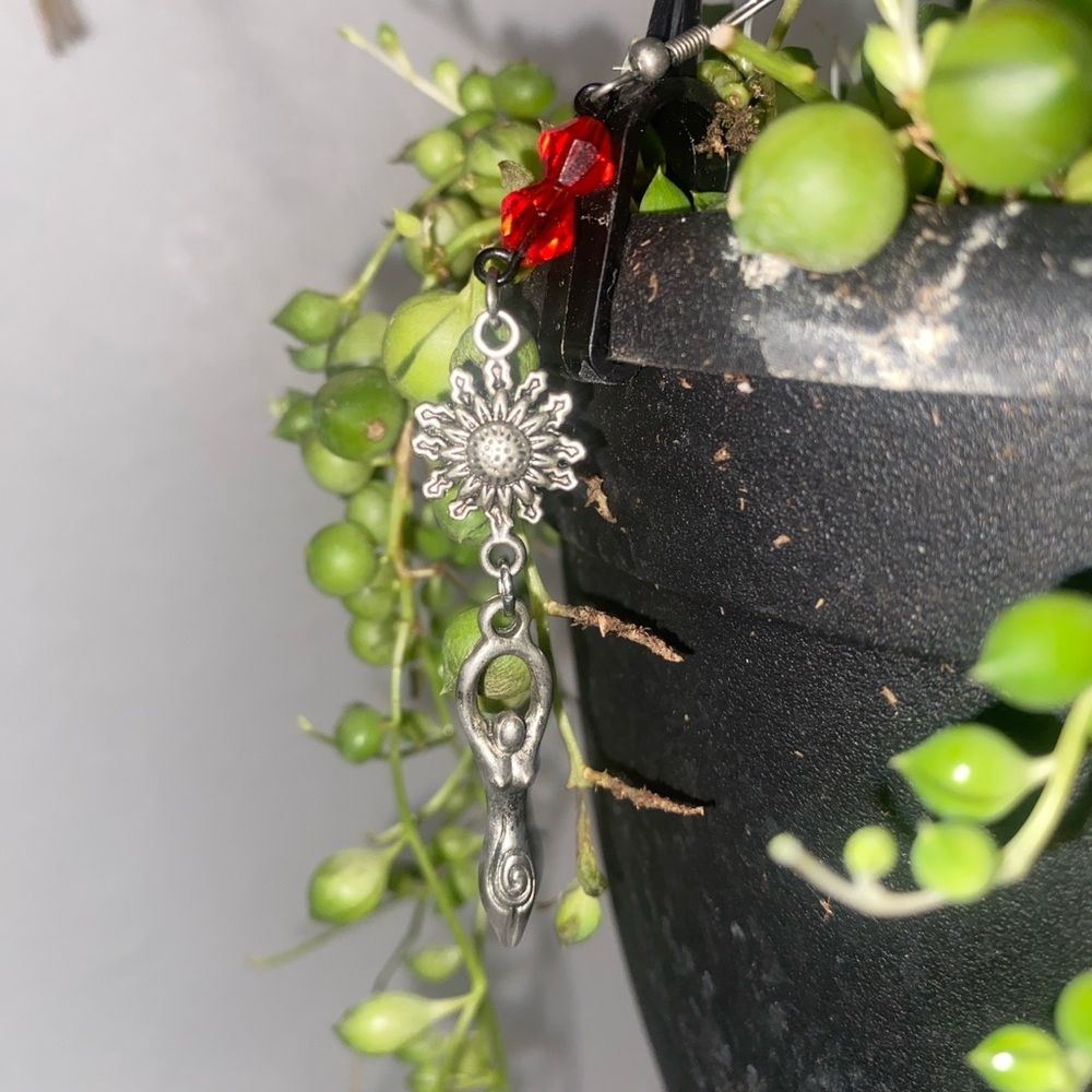 Silver Sunflower Charm Earrings with Red Accent